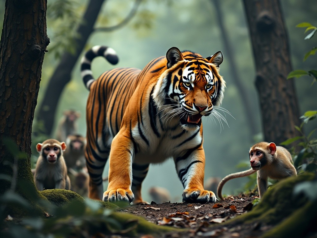 a tiger hunting some monkeys in the forest