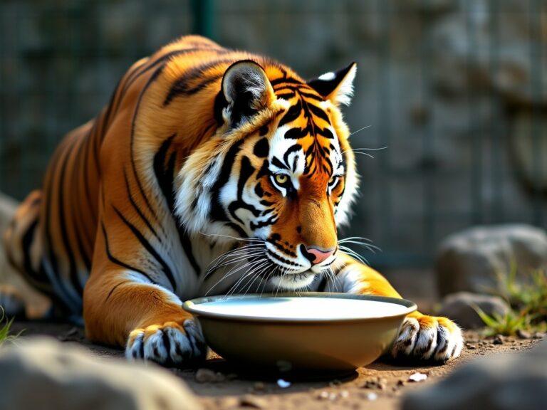 a tiger looking at a large bowl of fresh milk