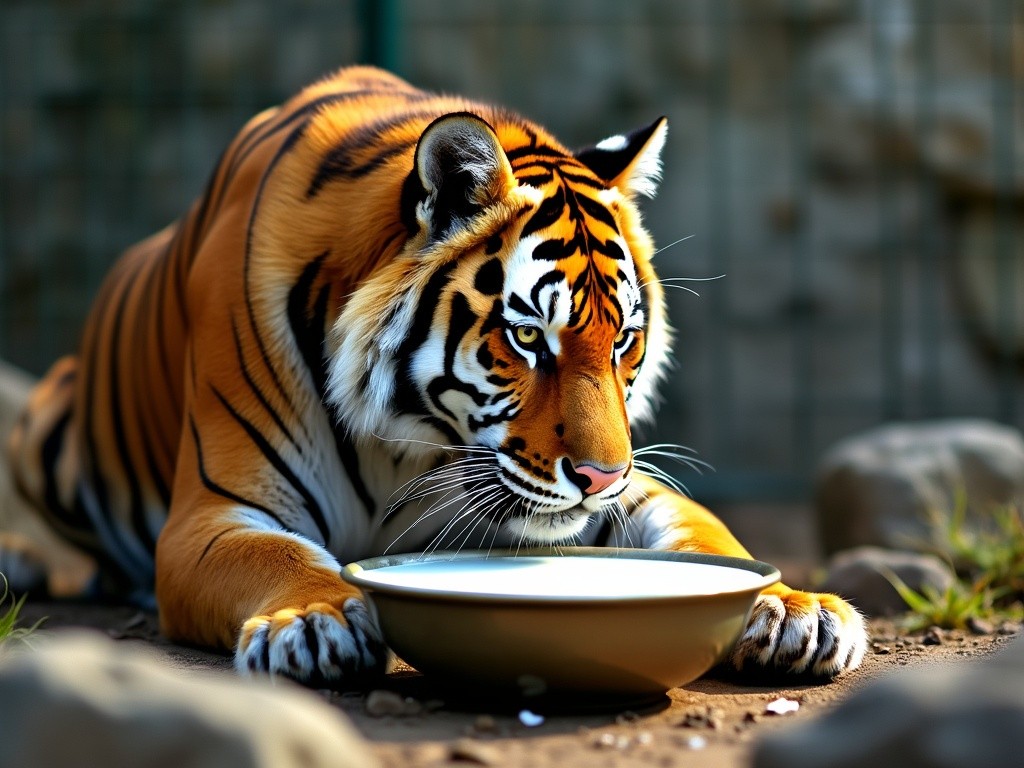 a tiger looking at a large bowl of fresh milk