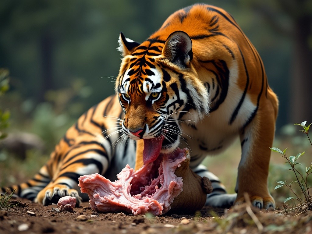 a tiger eating the meat from a freshly killed goat