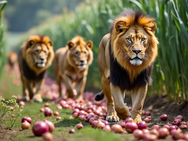 three lions walking past a lot of fresh onions