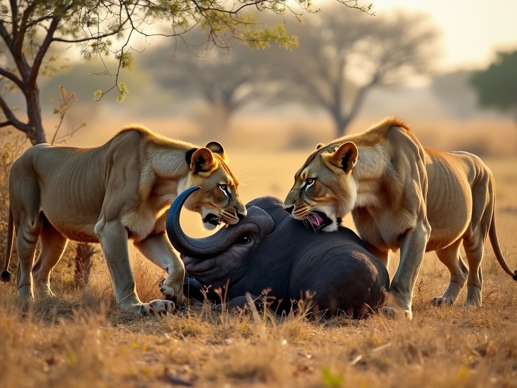 two lions enjoying a freshly hunted down buffolo