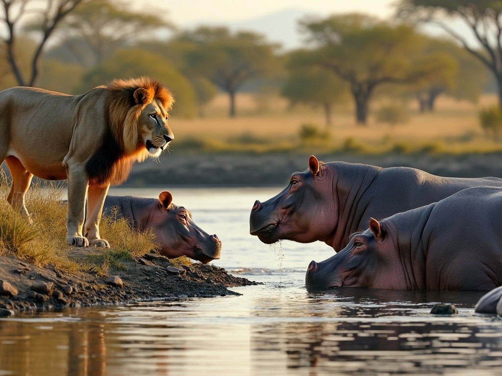 a male lion looking at some hippos in a river