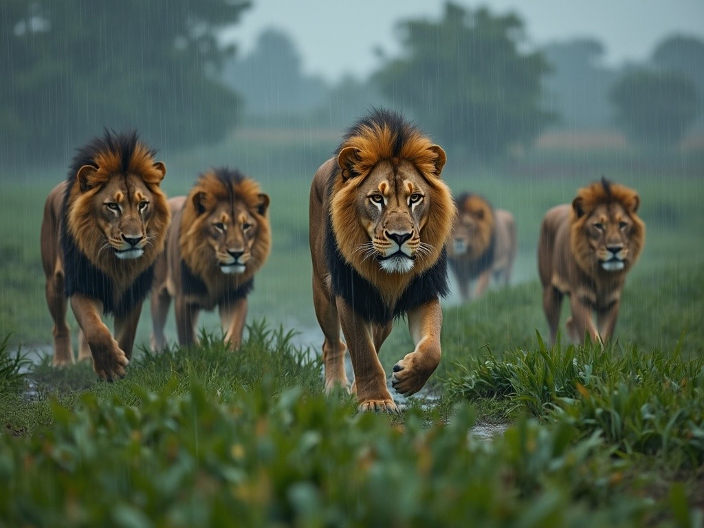 some lions walking a paddy field on a wet day