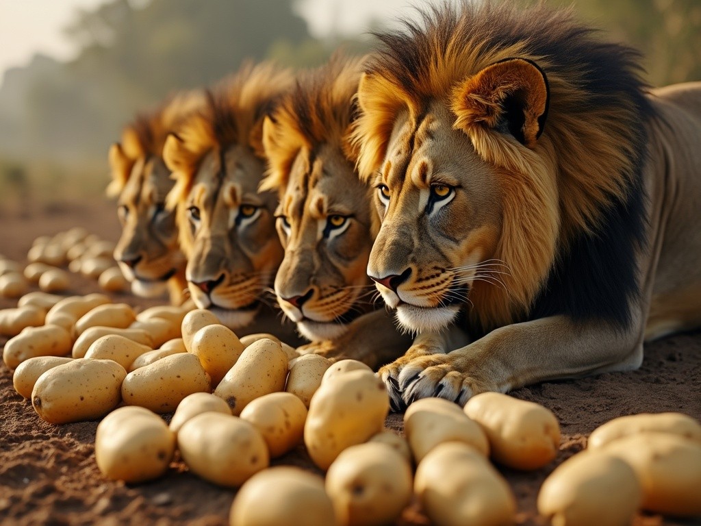 four lions staring at some fresh raw potatoes