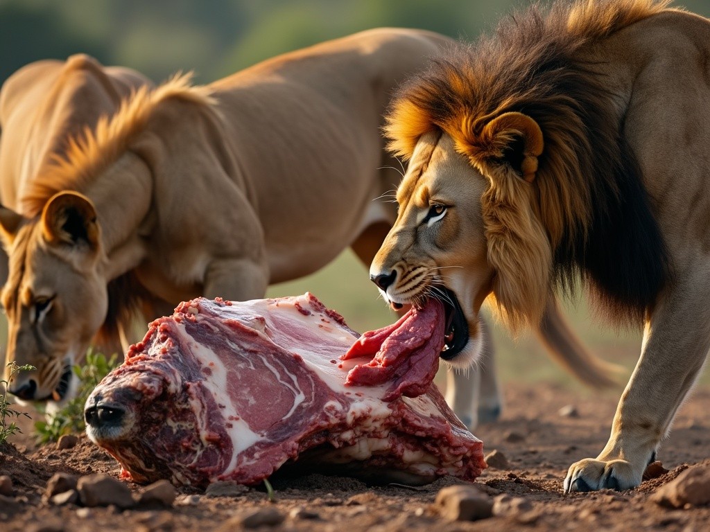 some lions eating fresh meat from a horse carcass