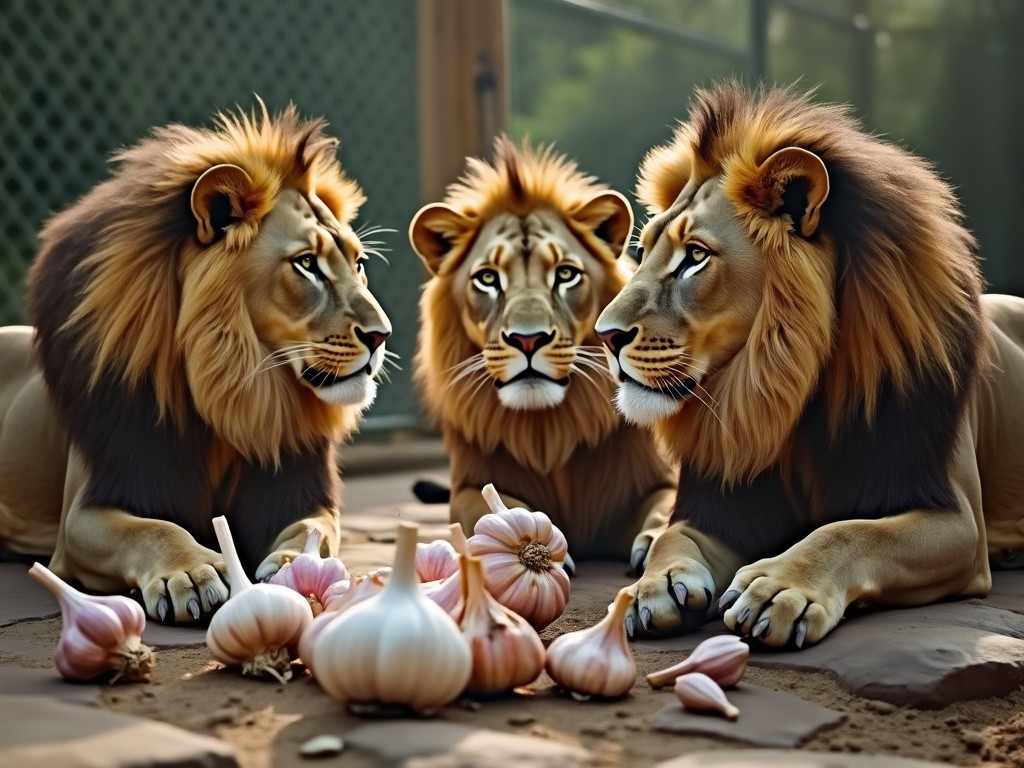 three lions lying down looking at some fresh garlic in their enclosure at the zoo