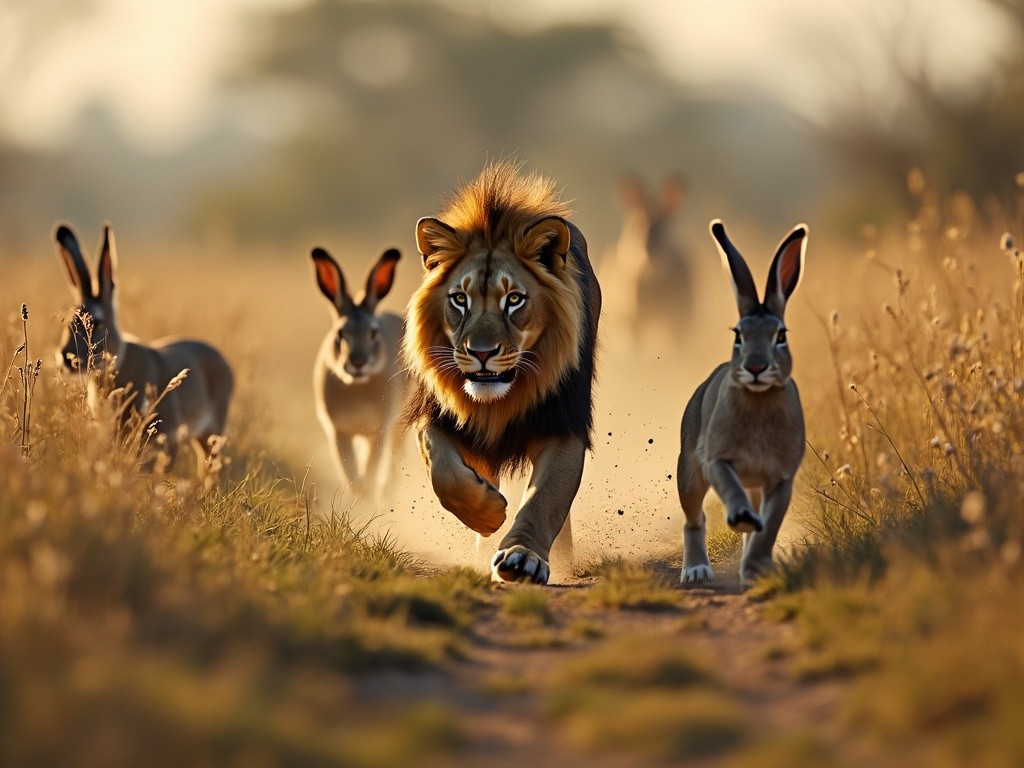 a lion chasing some hares in the wild