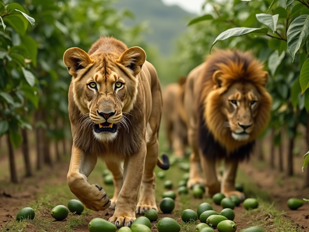 two lions strolling through a fresh avocado plantation