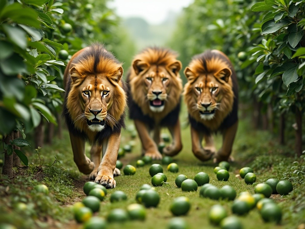 three lions walking through a lime plantation