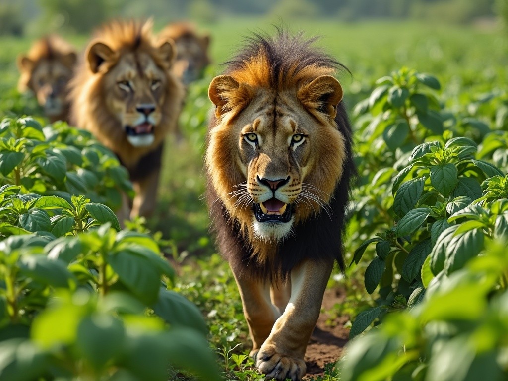 a couple of lions walking through a fresh basil plantation