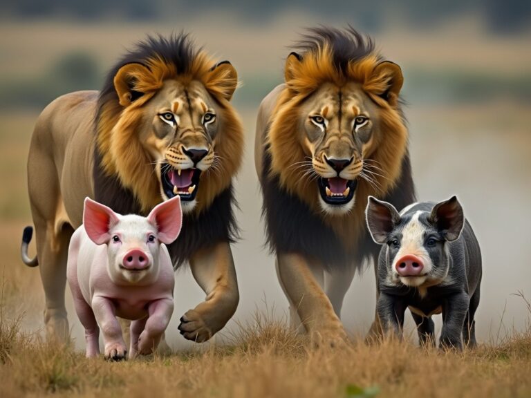 a couple of lions chasing two pigs