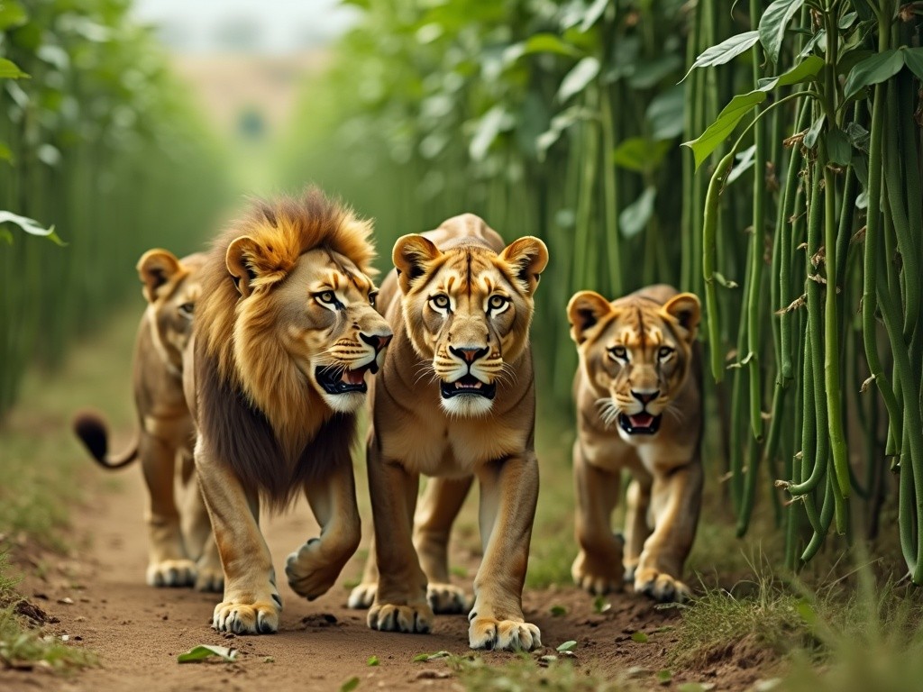 four lions walking past some fresh growing green beans