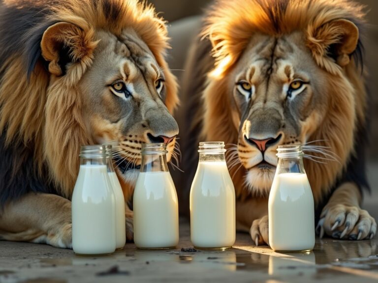 two lions looking at some pints of milk