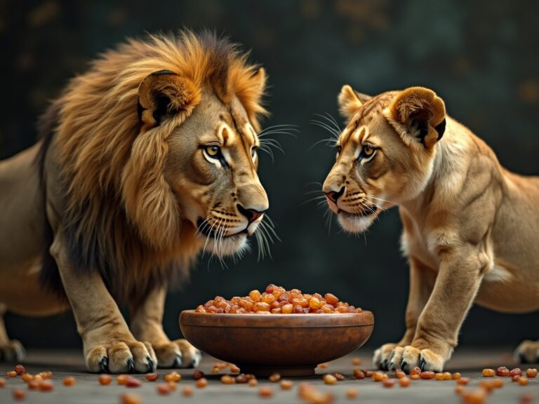 two lions lookinga bowl of raisins