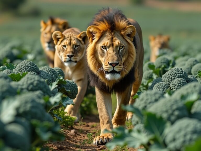 three lions strolling through a fresh broccoli plantation