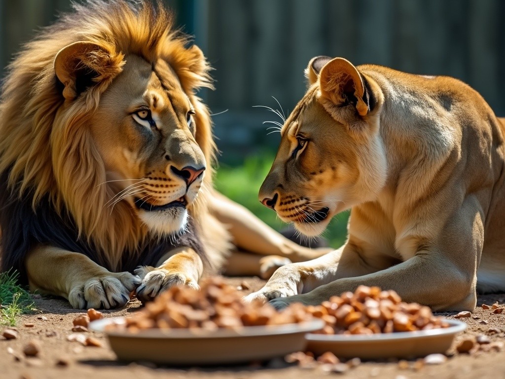 two lions looking at some dog food