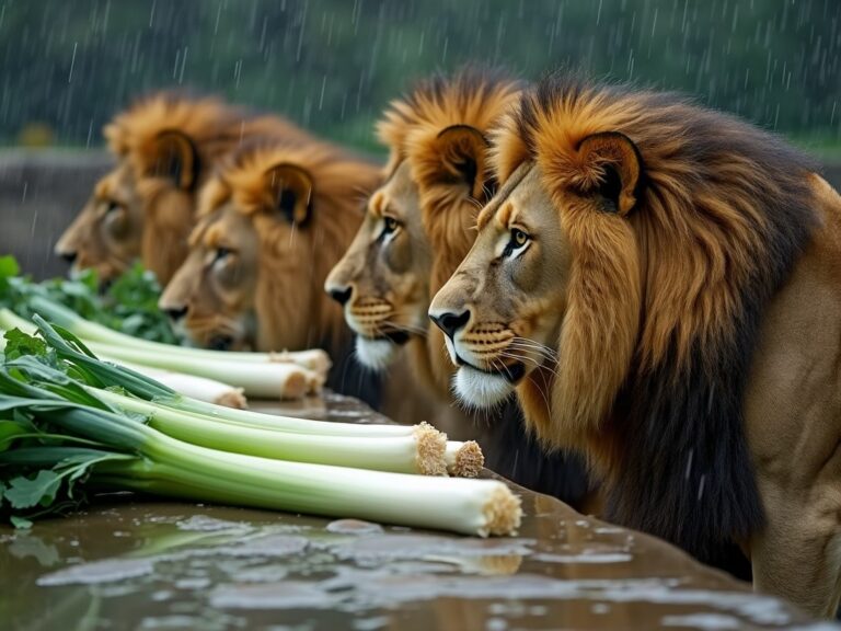 some lions looking at some fresh leeks