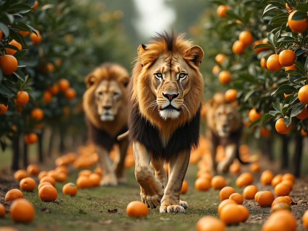 three lions walking through a fresh orange grove