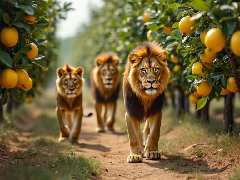 three lions strolling through a fresh lemon grove