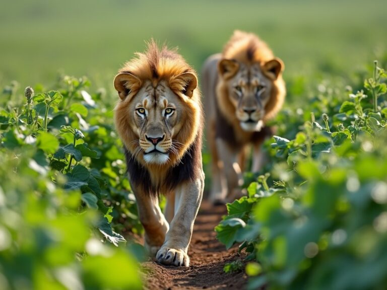 two lions walking through a fresh patch of peas