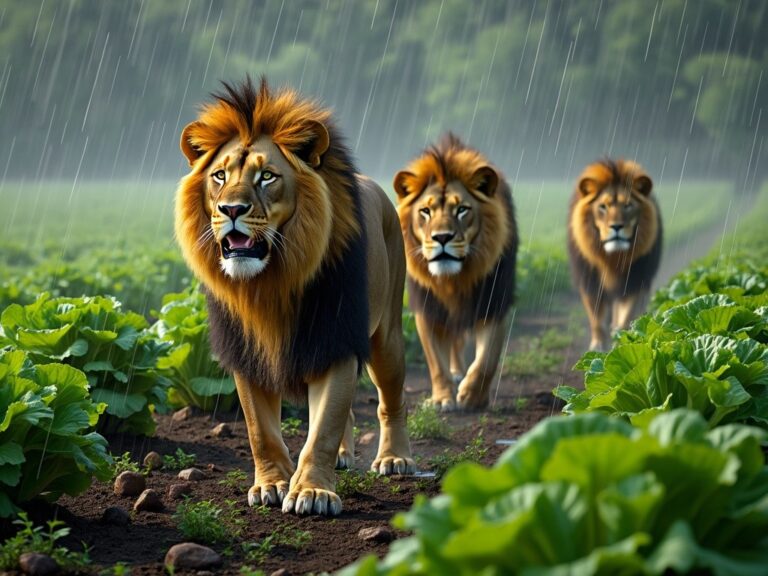 three male lions walking through a fresh lettuce patch in the rain