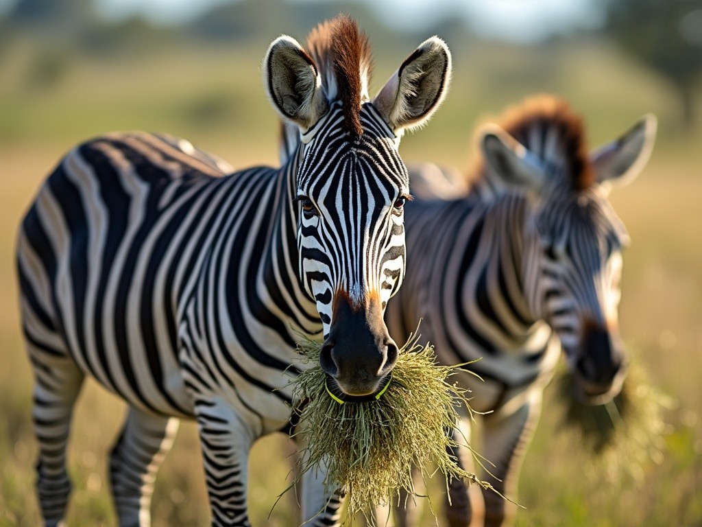 two zebras eating some fresh timothy hay