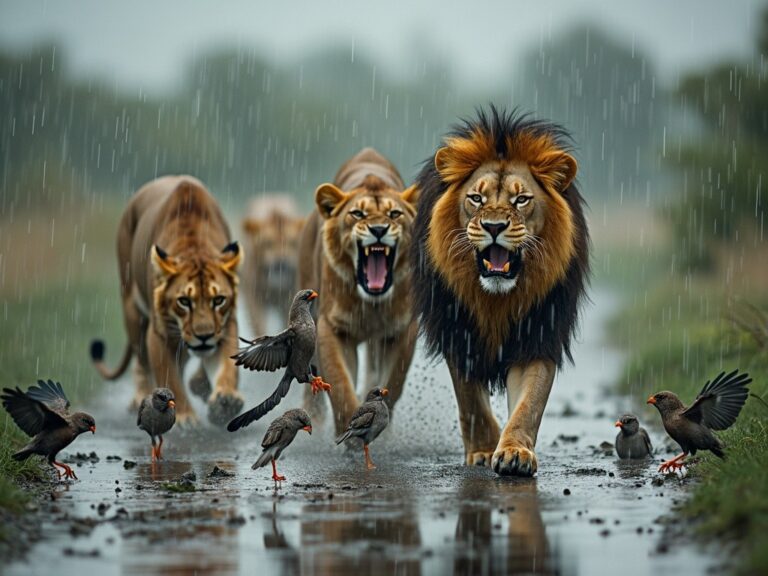 three lions hunting a few birds in the wild