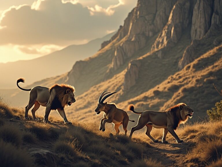 a couple of lions hunting some goats on a mountain