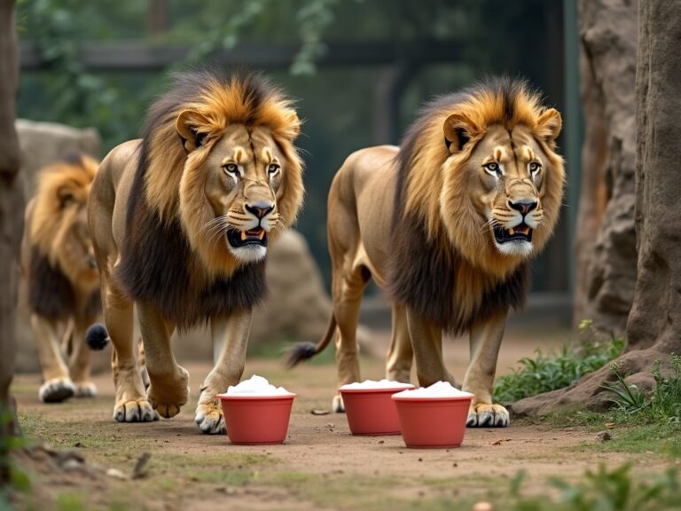 two lions strolling past some fresh pots of yoghurt