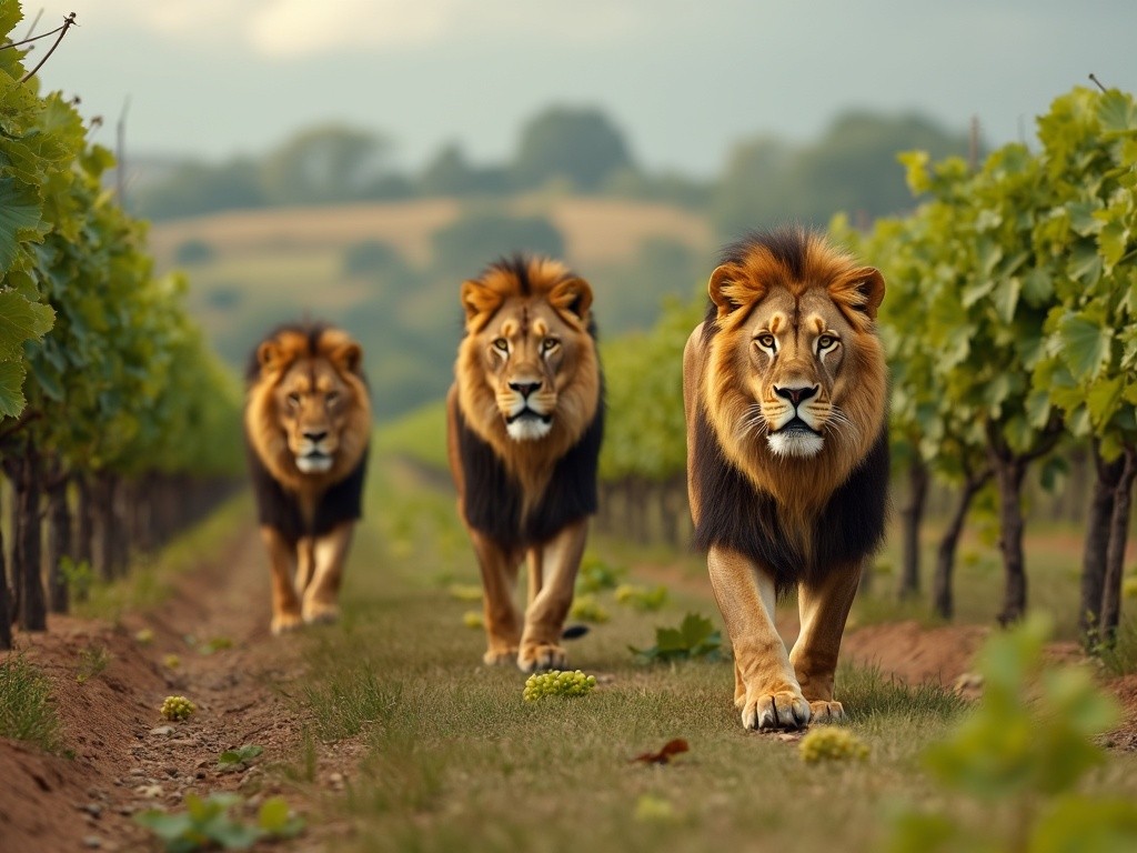 three lions walking through a vineyard