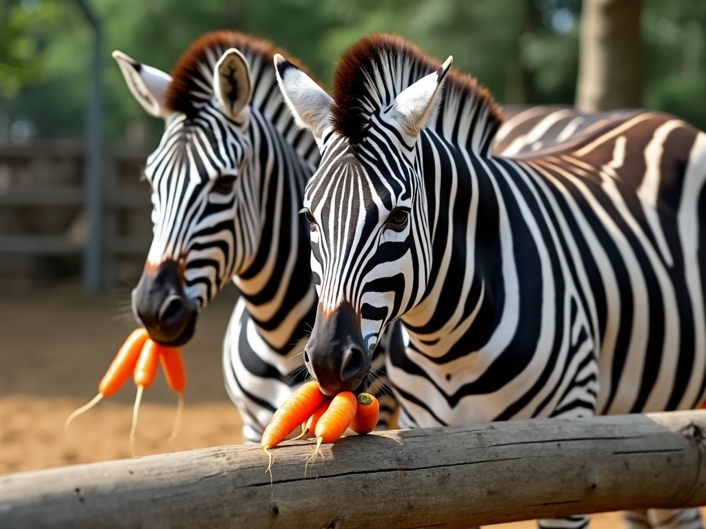 two zebras munching on some fresh carrots