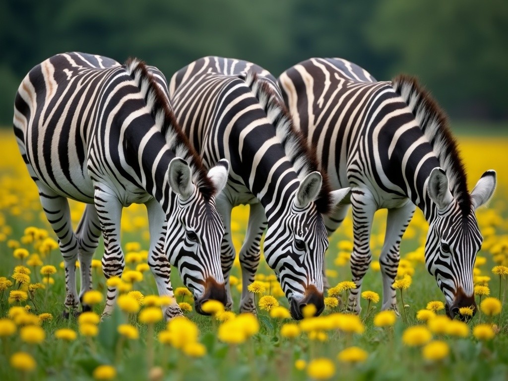 three zebras grazing on some fresh dandelion leaves