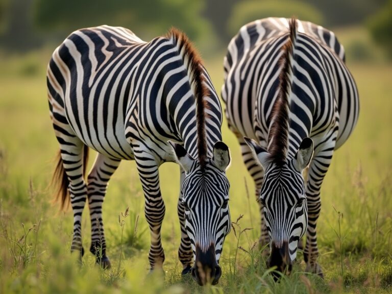 two zebras grazing on some fresh orchard grass in the wild