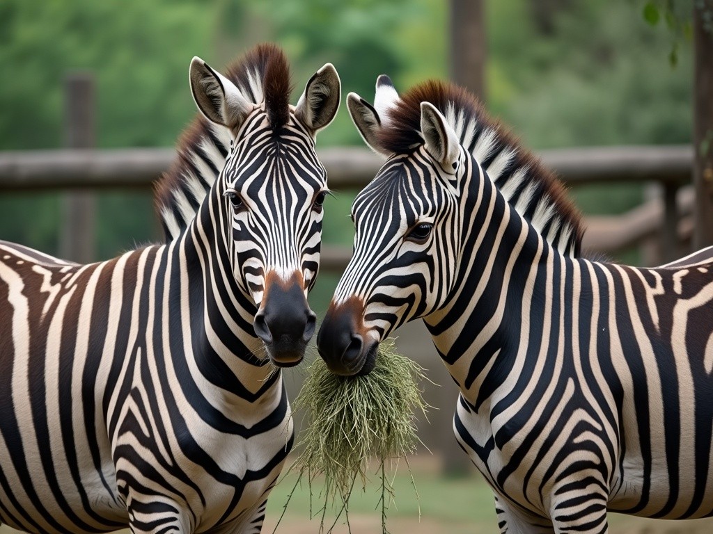 two zebras eating some fresh alfalfa hay at the zoo