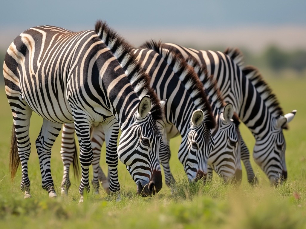 four zebras grazing on some fresh bermuda grass