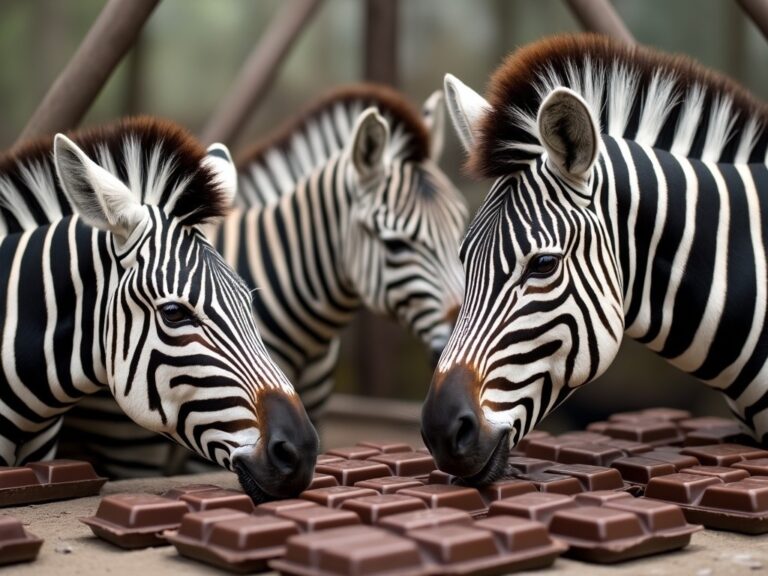 three zebras looking at some large chunks of chocolate