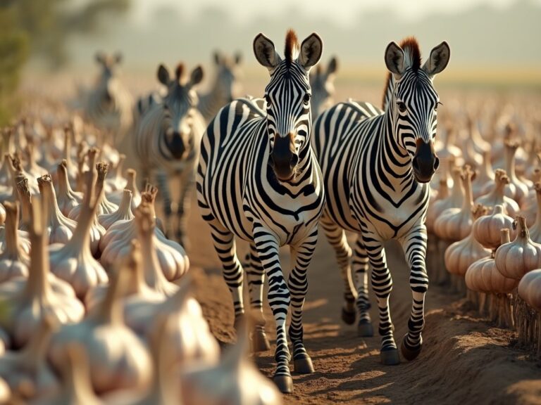 some zebras walking through a garlic plantation