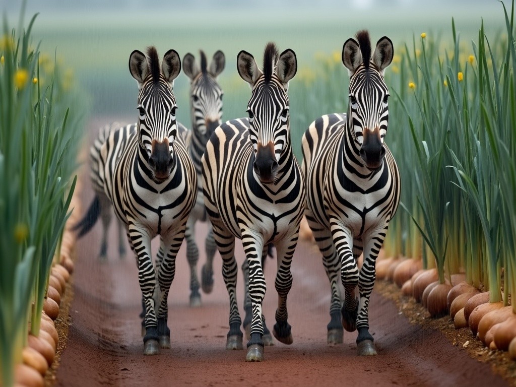 four zebras strolling past some fresh onions plants