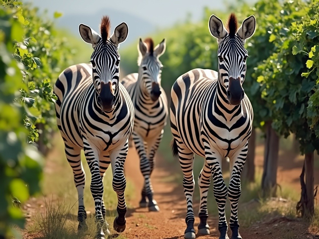 three zebras walking through a vineyard