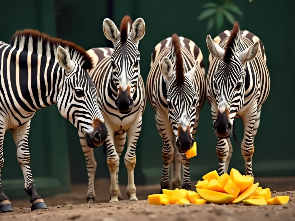 four zebras eating some small pieces of chopped up mango