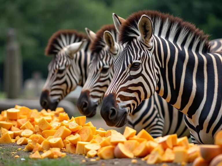 three zebras being fed some chopped up pieces of squash