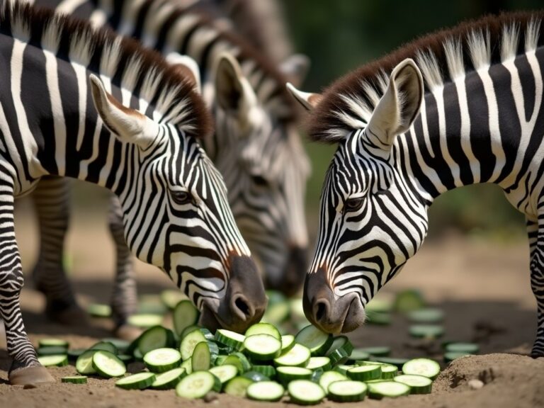 some zebras eating a few fresh slices of cucumber