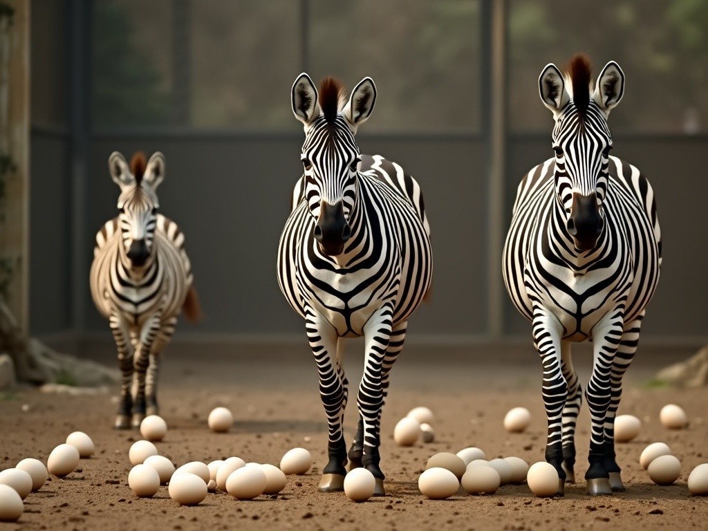 three zebras walking past some eggs