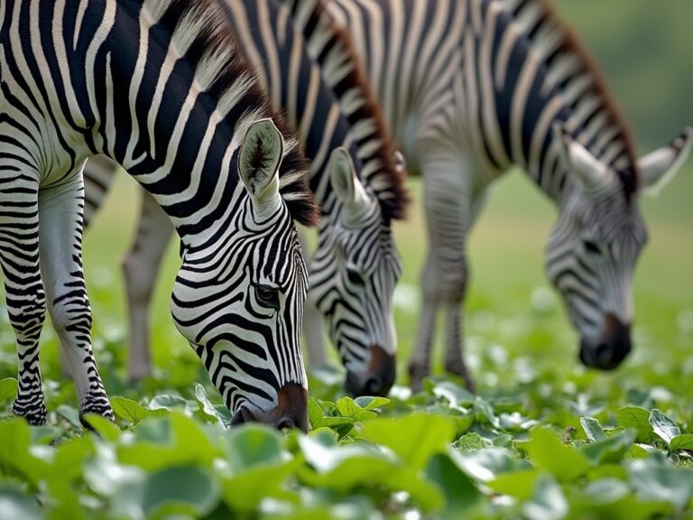 a couple of zebras grazing on some fresh clover leaves in the wild