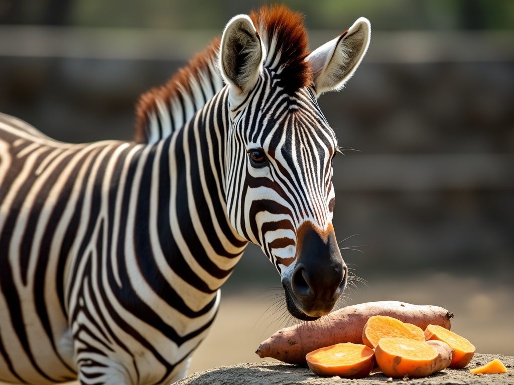 a zebra eating some fresh sweet potato